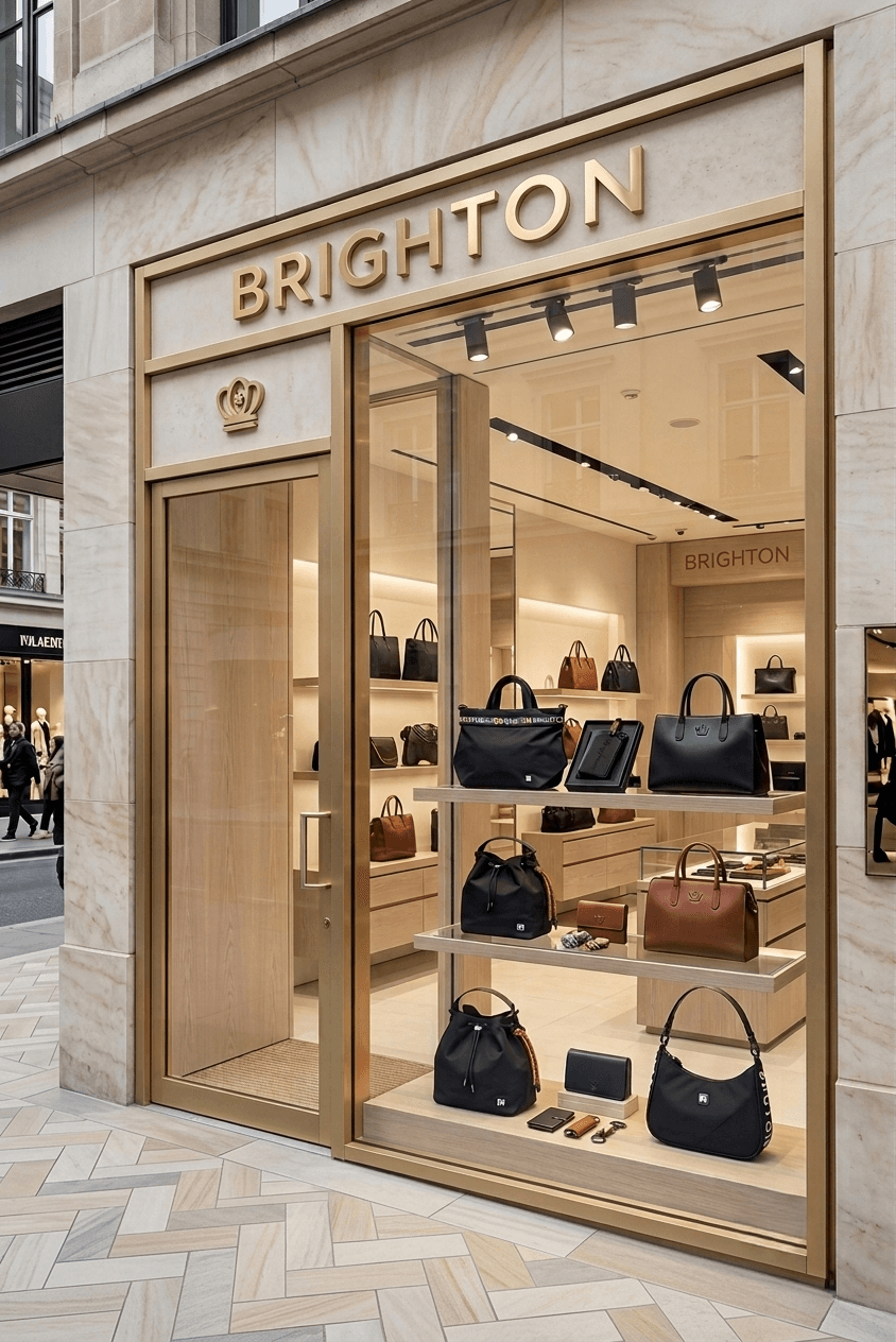 The BRIGHTON boutique storefront with a brass crown crest below the sign and handbags displayed in the window