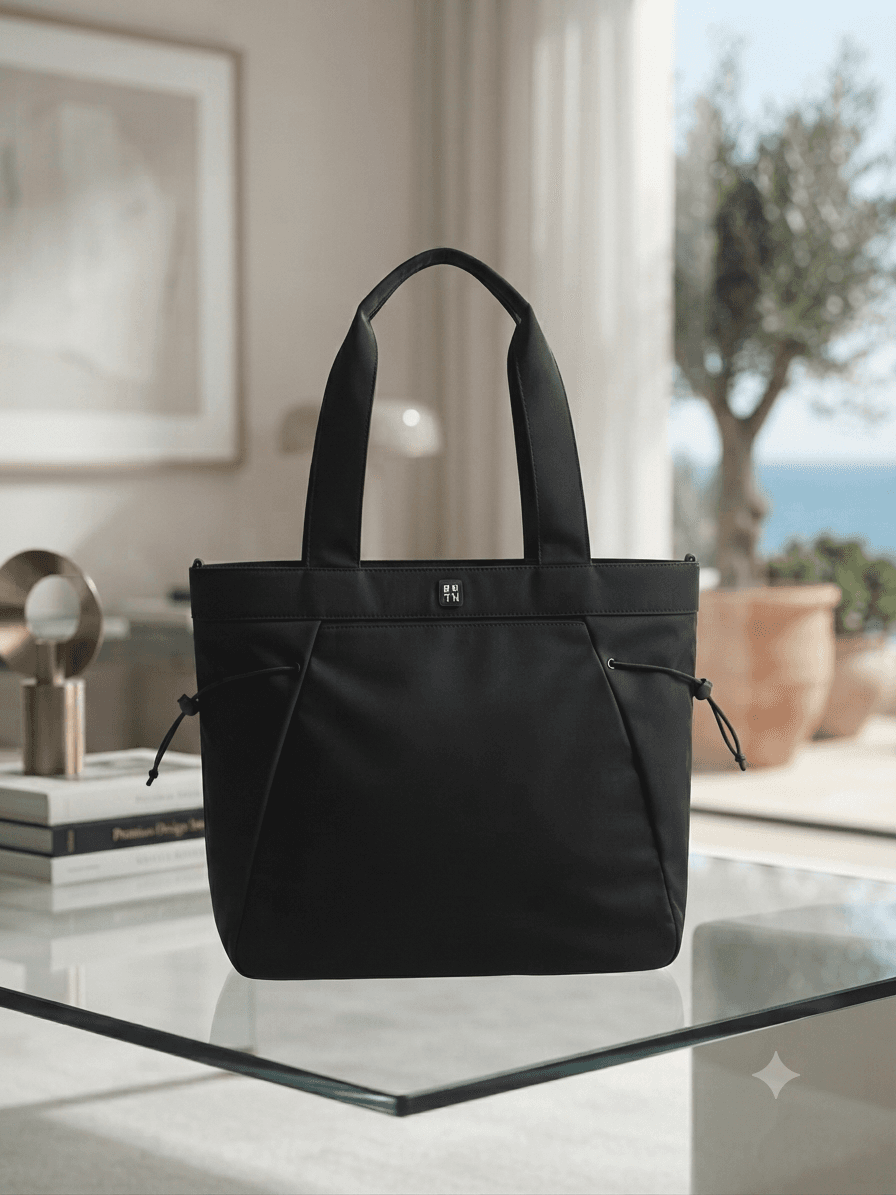 Brighton black tote bag in a sunlit interior overlooking the sea