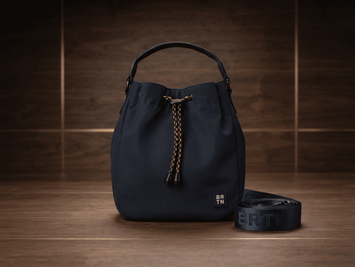 Brighton navy bucket bag in a dark wood studio