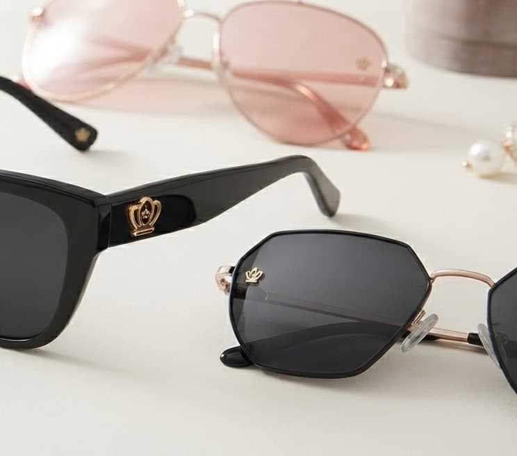 Brighton sunglasses in black and blush pink with crown hardware