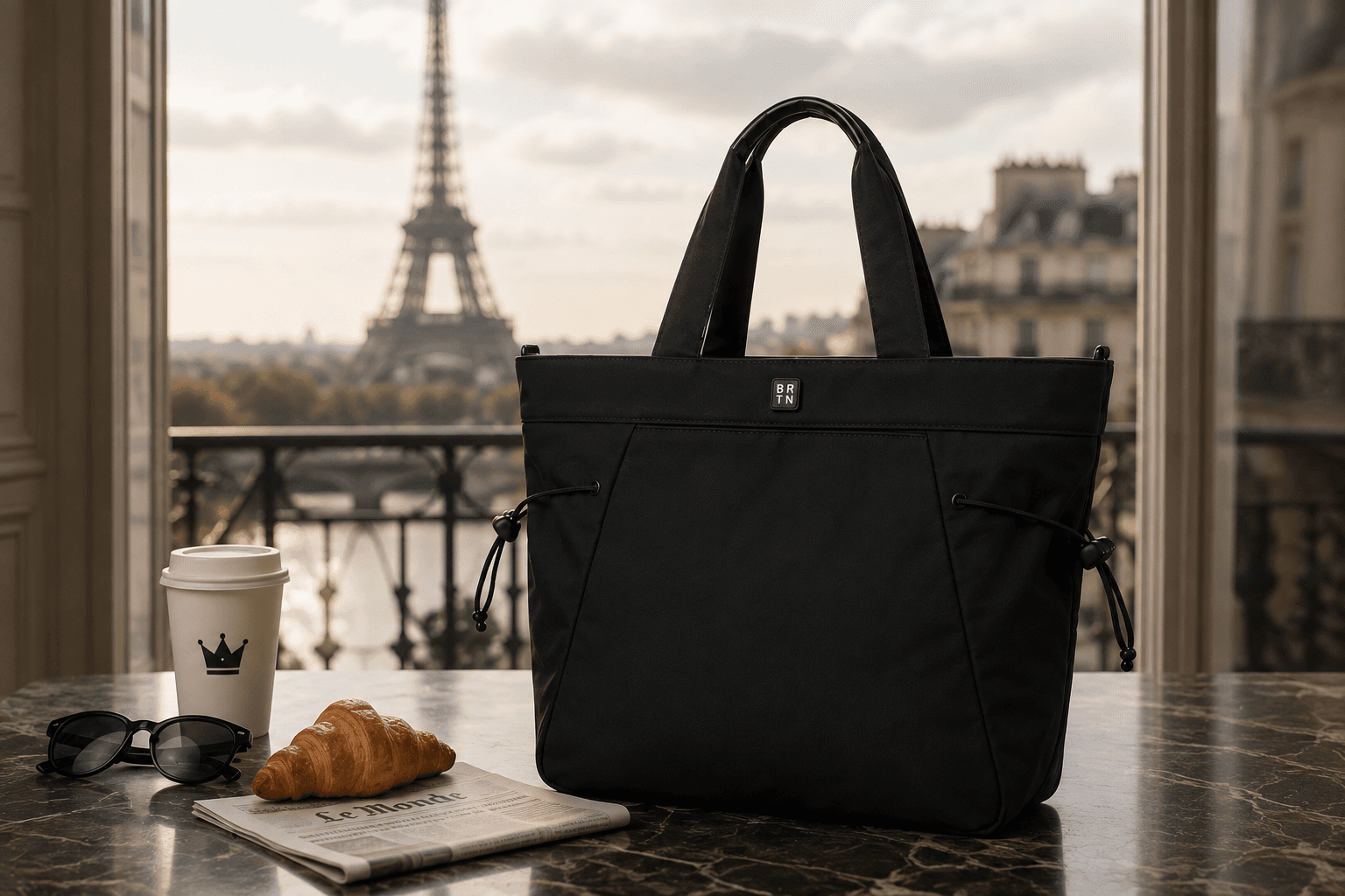 Brighton black tote bag with a view of the Eiffel Tower from a Paris balcony