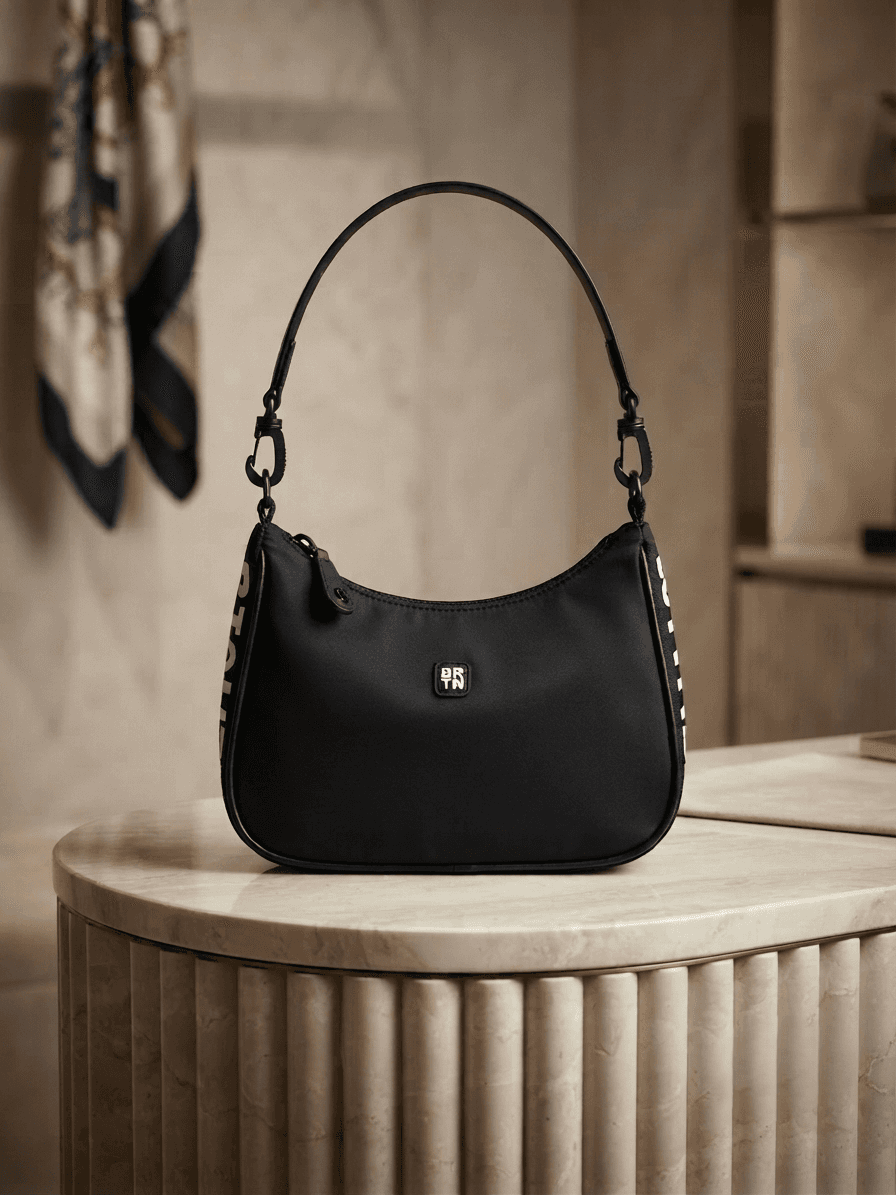 Brighton black BRTN shoulder bag resting on a marble pedestal